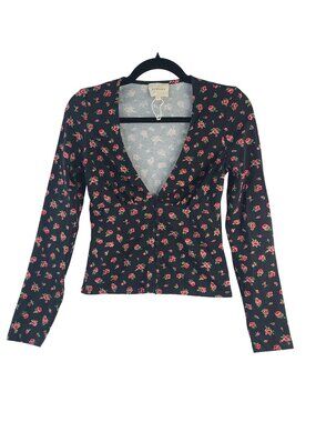 NWOT Sézane Lydia Black Floral Button-Front Long-Sleeve Top Size S Cotton Blend